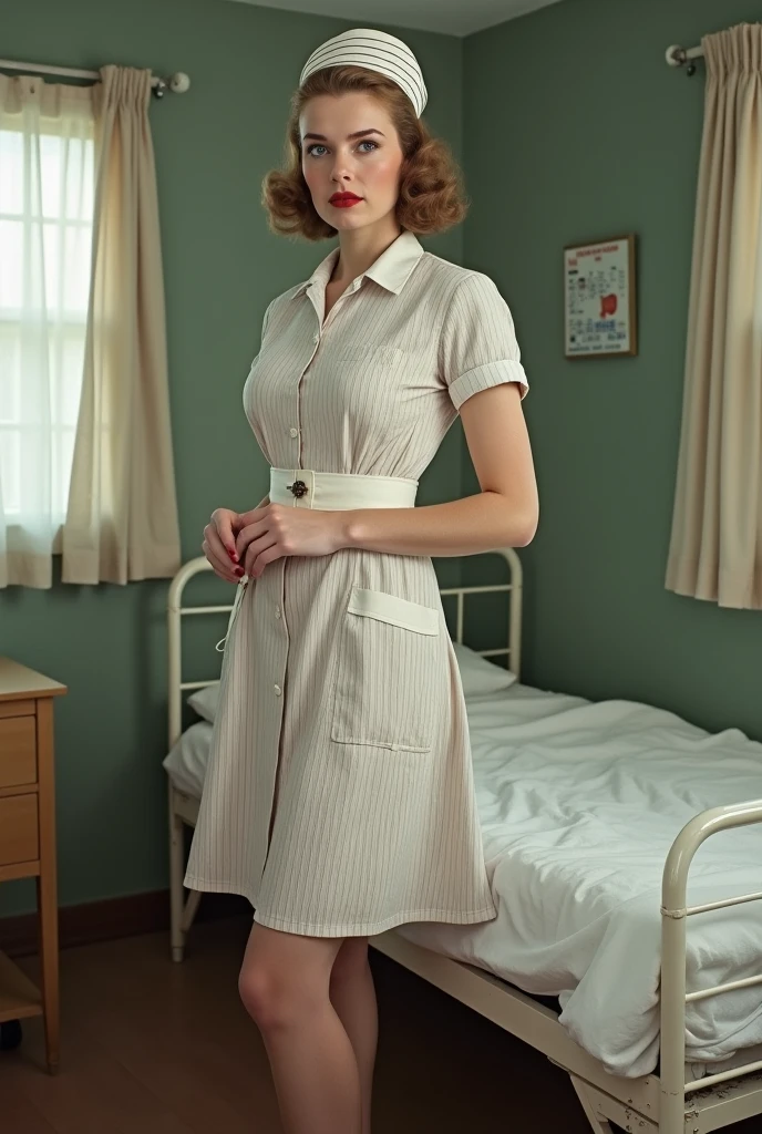 (Full body zoom), (Full body portrait:1.2), (RAW photorealism:1.35), a beautiful young blonde intern nurse in a 1950s hospital, startled hand over mouth, sensual and innocent, slim curvaceous body, (short pastel colored 1950s nurse uniform dress:1.32), (delicate garter belt typical of the 1950s:1.33), (elongated thighs:1.1), small 1950s hospital, standing leaning against the wall in front of an open window, (action: looking furtively through the window curiously:1.44), highly detailed creative image in slightly faded, slightly blurred, slightly grainy tones, cinematic scene with natural lighting, ((1950s pin-up style))