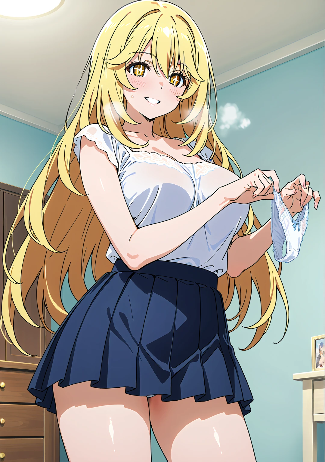 (8K、Top image quality、top-quality、​masterpiece)、1 girl in、Blonde longhair、Wavy Hair、Pink eyes、makeup、evilsmile、piercings、large full breasts、((Unbuttoned school uniform))、((white  shirt))、cleavage、((Mini pleated skirt in dark blue))、((skirt lift))、((leopard print panties))、cowboy  shot、Classroom Background