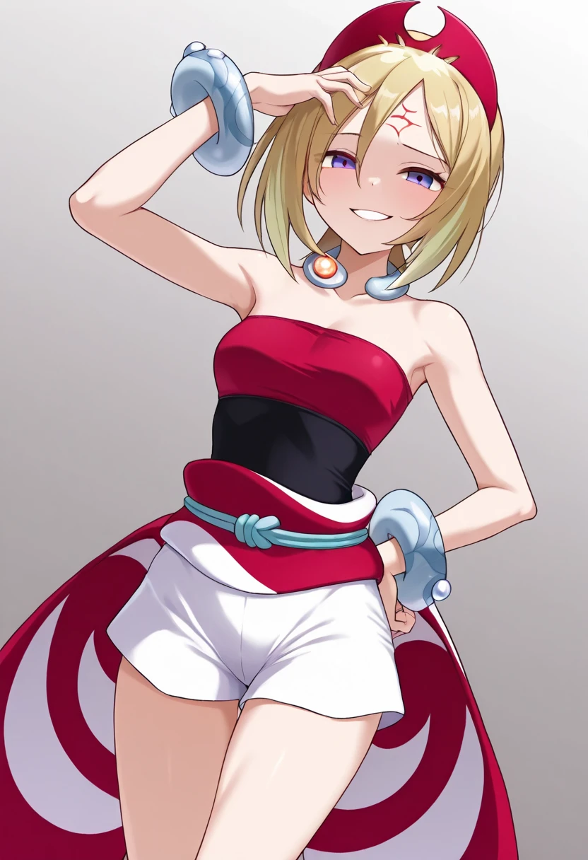 1 girl,(it looks like you've been mindjacked,Consciousness Has Been Taken Over),Pokemon Irida, Pokemon Irida, blonde hair, purple eyes, o, medium hair,
bracelet, above Decorati has , jewelry, collar , red headwear, red shirt, band, shirt, SHORTS, Strapless, Strapless shirt, waist cape, white SHORTS,Kobushi, Dutch Angle,(Hypnotic:1.3),(No Eye Highlights), insane smile,A grinning expression,Hit your head with one hand,(Eye shaped crest on forehead),( no characters)