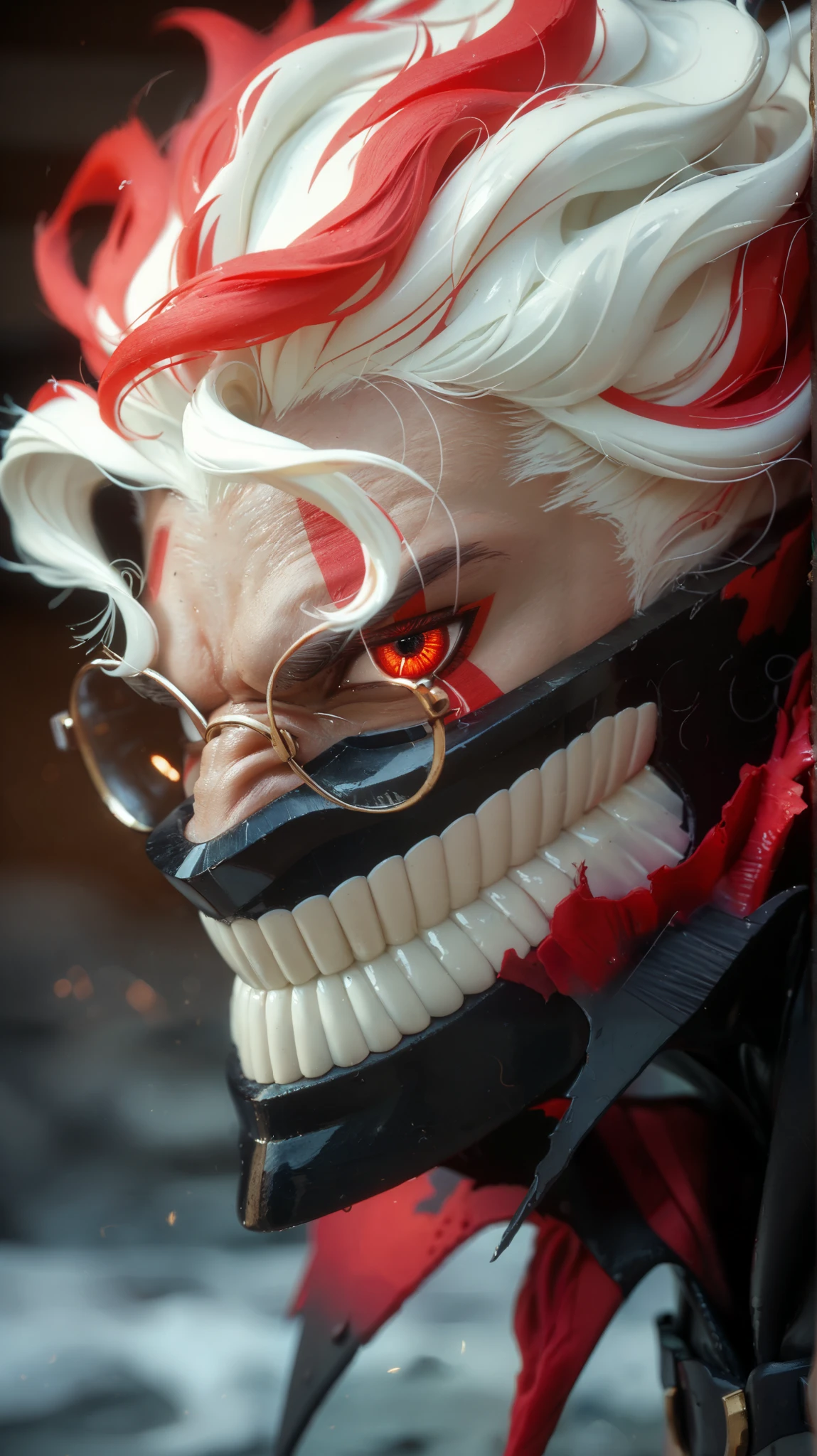 score_9, score_8_up, score_7_up, score_6_up, score_9, score_8_up, score_7_up, score_6_up, BREAK,
close-up, serious, looking at viewer, from side, 
 OkarunYokai, 1boy, white hair, red hair, teeth,