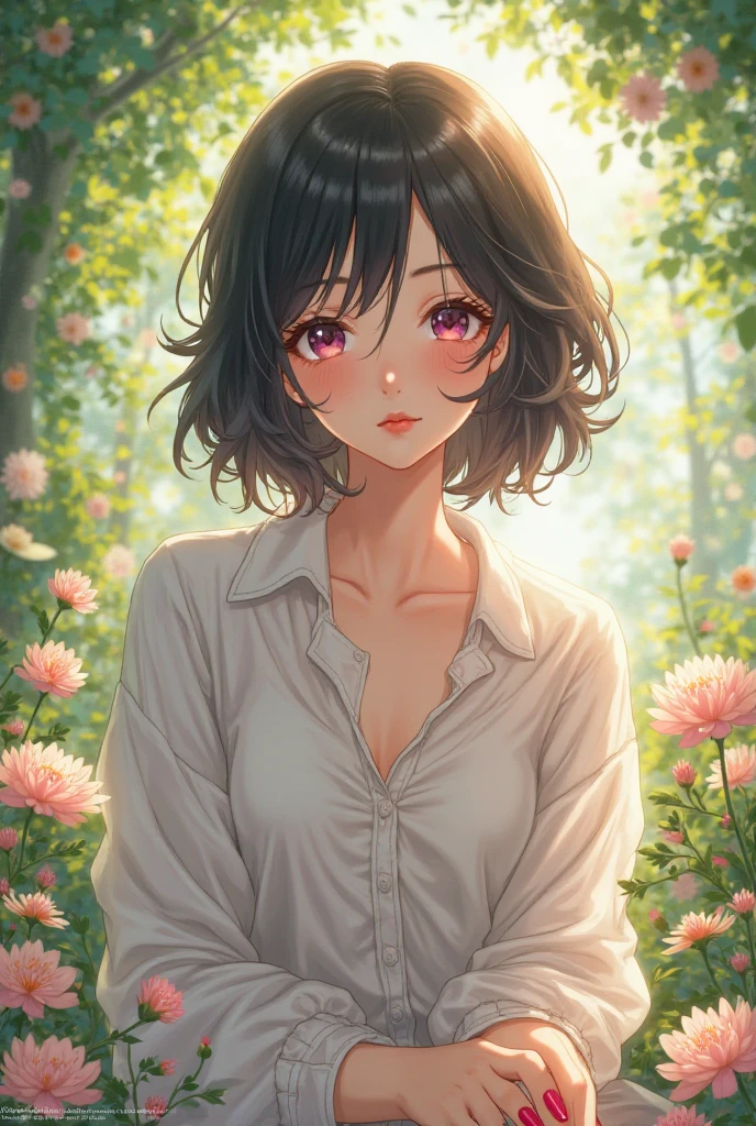 19 year old white anime character with short curly black hair , wearing an open shirt with a floral print, with a close-up capturing the harmonious beauty between her breasts and the natural flowers, showing off your natural charm and outgoing personality.