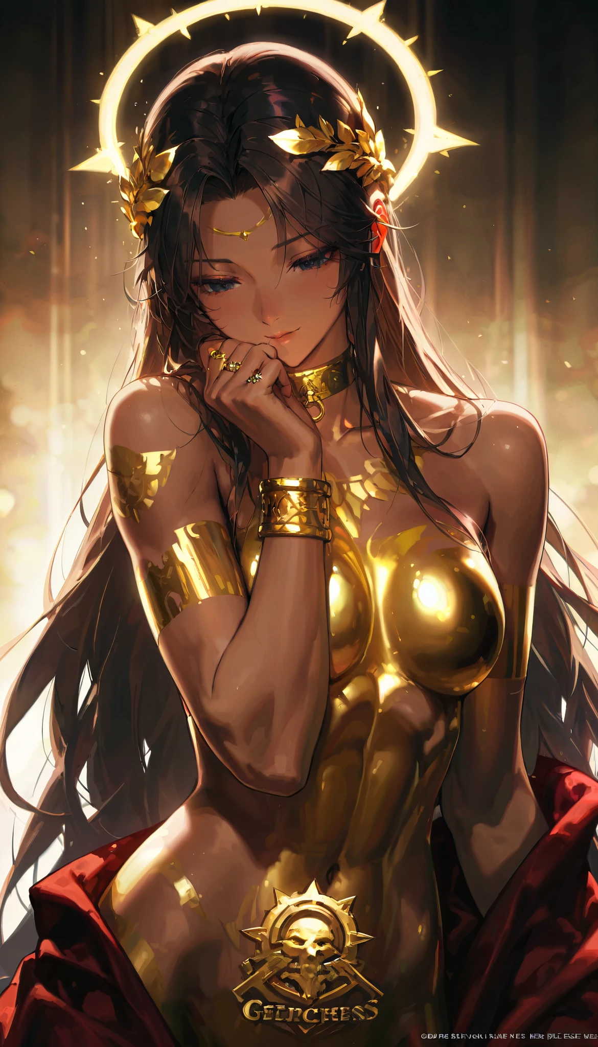 Squatting to pee、staring directly at camera、Spread your legs directly towards the camera、Aztec mythology、goddes、She wears golden ornaments all over her body、Naked except for accessories、In front of Tihuatiocan、Tezcatlipoca、large full breasts、Constricted hips、soio、black curly hair