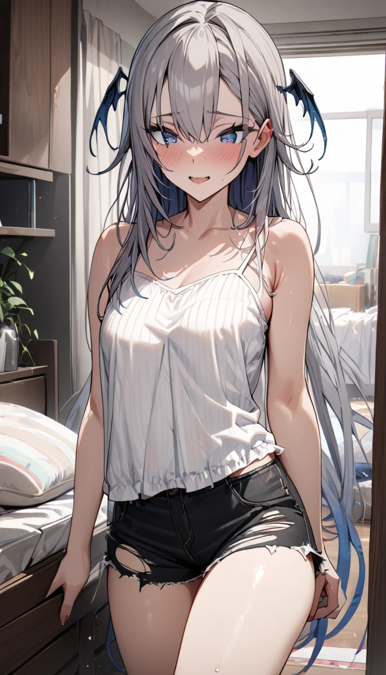 female,silver long hair,blue eyes,short camisole,crop shirt,Off shoulders,white,Art, anime,illustration