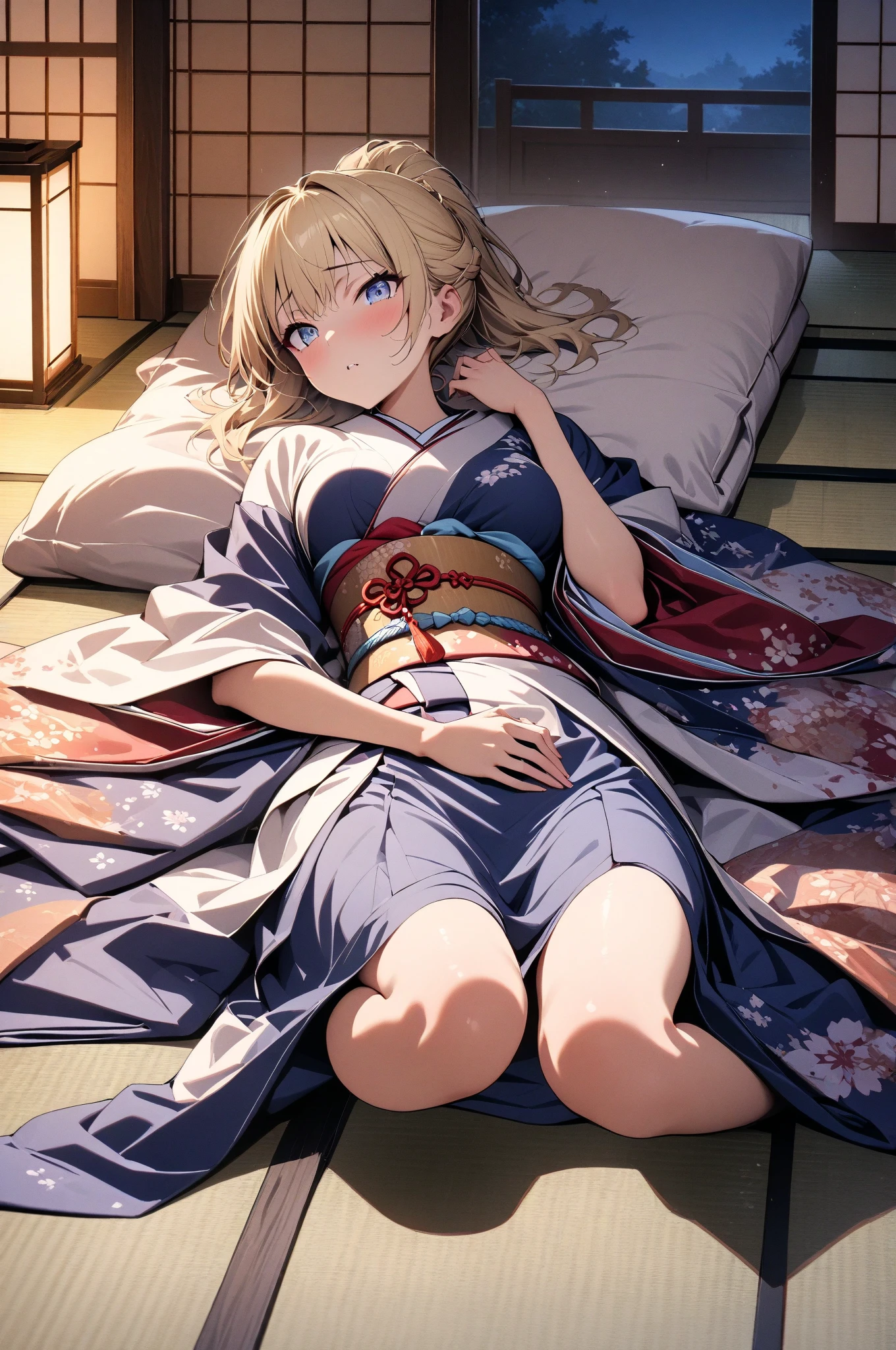 1boy,Masculinity,blond hair,ponytail,blue eyes,no bra,A Japanese-style room,late at night,alone,kimono