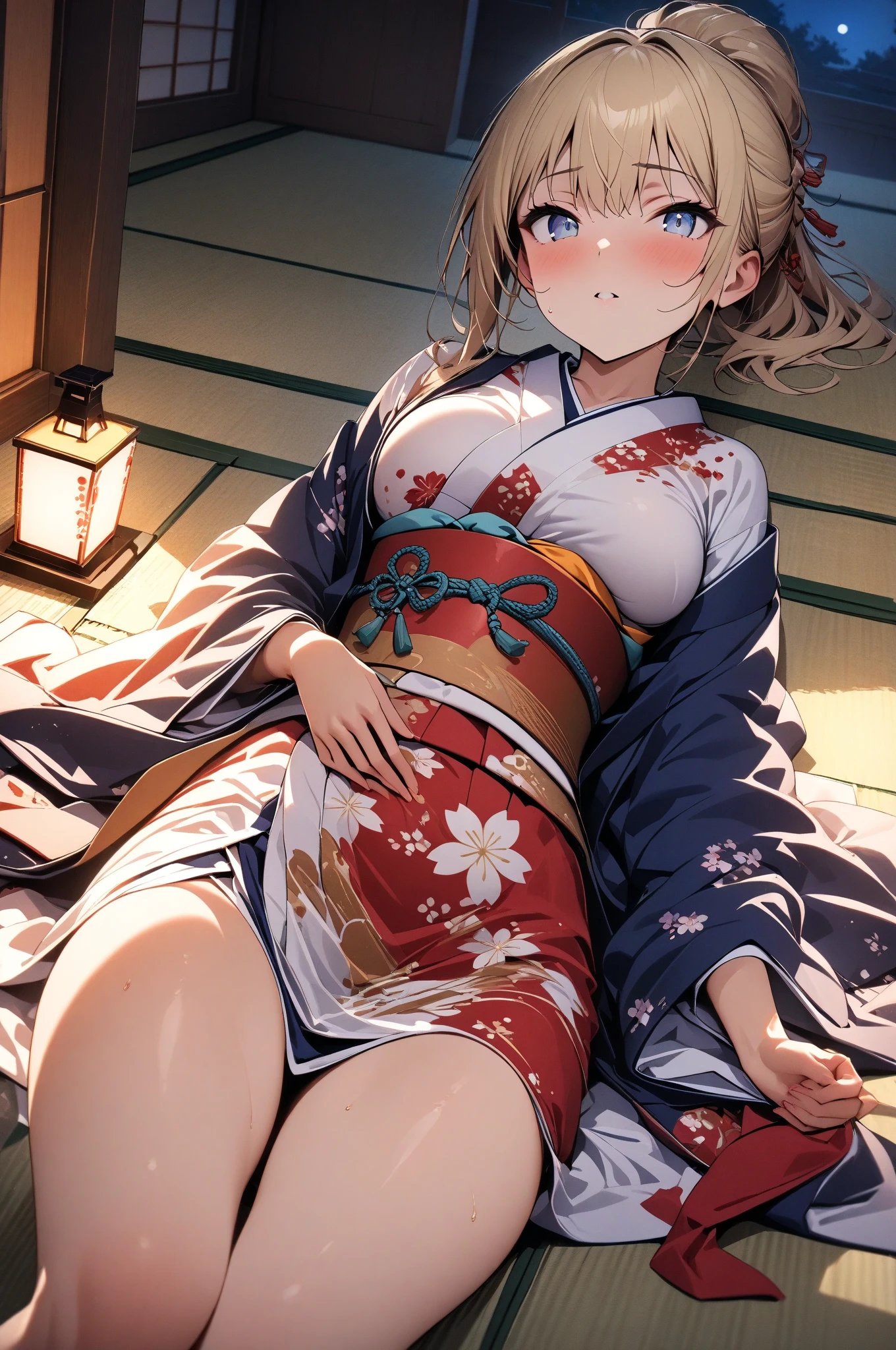 ((Highest quality)), ((masterpiece)), (detailed), (Perfect Face)、(The woman is a 12-year-old princess from the Sengoku period in Japan., Long black hair and a beautiful face Located in a luxurious samurai residence.、The woman is wearing a Japanese white kimono with a richly embroidered red shiny robe over it. The red robe worn by Japanese princesses Her hair is styled in a straight hime cut. It is decorated with gorgeous ornaments from the Edo period., She is made to lie on her back on the futon and forced to have sex by a dirty old man, who thrusts his penis into her pussy, fucks her in the missionary position, and makes her give birth to a .