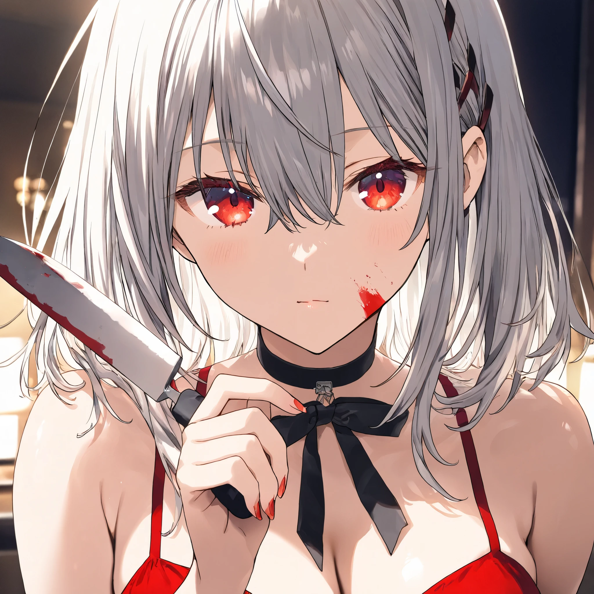 Best Quality, (Masterpiece:1.2), High Detailed, Cat Ears, 1girl, solo, tojo koneko, looking at the viewer, closed mouth, light smile, red eyes, white hair, short hair, hair decoration, cleavage, black neckband, erotica, sleeveless, (close-up), bare legs, (((bloody, scared, blood))), healthy skin, ((bra)), (((punished, punishment, pain))), (prison cell), ((nsfw))