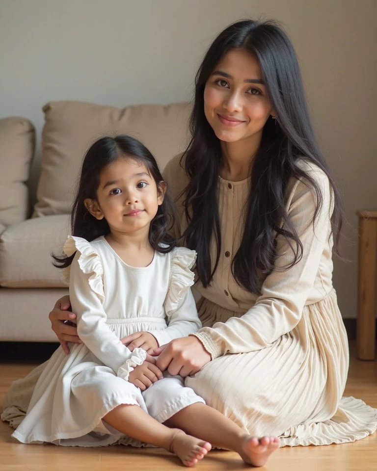 full body standing straight barefoot, long hair, holding hands on bed, sleeping together MOTHER AND DAUGHTERS
