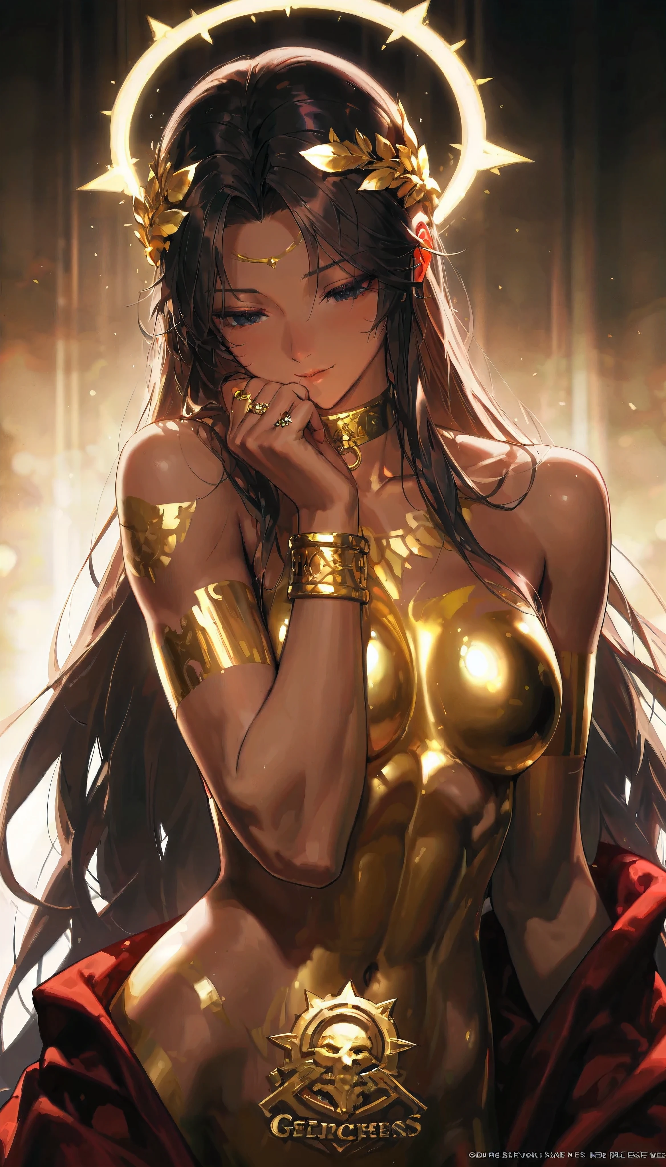 3. (artist:OKAZU:1.10), (artist:hiten:0.51), artist:WANKE, (artist:ciloranko:0.55), (Emperor of mankind, Warhammer 40k character), (masterpiece: 1.2), (best_quality: 1.0), (solo: 1.4), (gigantic physique, slim body), 1woman, middle-aged woman, 30 years old, (upper body, half body: 1.4), ((Godlikeness, woman like goddess)), (close-up), ((ultra detailed, cinematic, hyper detailed, hyperresolution, official arts, wallpaper 40k, blowing art)), ((dark brown hair, extra long hair)), voluminous hair, hair ornament, (mysterious black eyes, looking down), beautiful finger, beautiful body, beautiful nose, beautiful character design, perfect eyes detail, perfect face, colorful, bright_front_face_lighting, (bright_color: 1.2), (beautiful, medium breasts size: 1.2), (beautiful, medium ass: 1.2), (Beautiful physique: 1.4), (beautiful_face: 1.5), seductive, long legs, (muscular woman, extra muscular), (beautiful skin, dark skin, colored skin, embarrassed smile, mouth close, hand up)), collarbone, (gold nails, fingernails, make up, translucent bodypaint, gold bodypaint), cowboy shot, messy hair), (choker, choker on her neck, gold choker, gold jewelry, gold ring, gold bracelets), (halo over the head, bright halo, white-gold halo, huge halo, sun behind head, light rays), (completely nude, robe, ruby-red robe, bere shoulders, laurel crown), dark background,