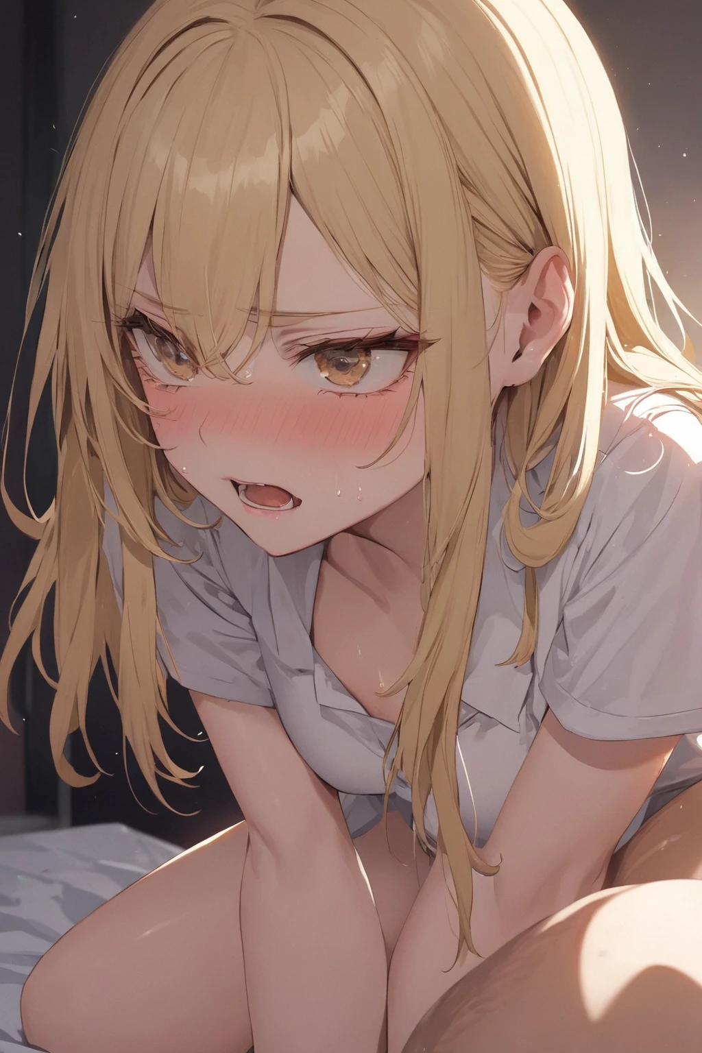 A cute Japanese girl　shirt　Blonde　Lively impressions　Dance Club　uniform　Wrap a cardigan around your waist　hairpin　Long Hair　On the bed　Spread your legs　White underwear　Push down your underwear　Embarrassed　super high quality