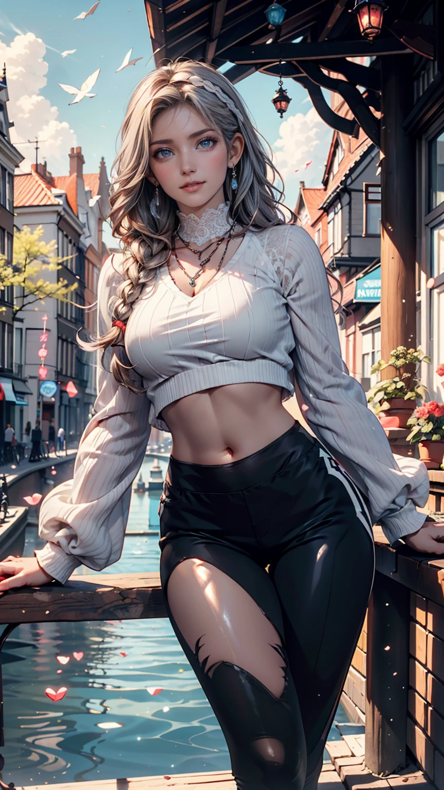 24 year old Caucasian female、Silver Hair、Straight Hair、Lace choker、Strap shoulder tops、No bra、Chest(Nipple swelling emphasis)、Colorful leggings、Stiletto heels、Sitting on the wide stone steps of the Old Town、Crossing your legs、Cheek resting on hand、smile、Silver accessories on the wrist