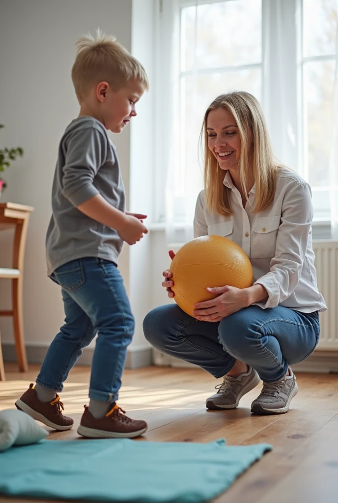 Photo of a physiotherapist treating a child with Down syndrome in a ball
