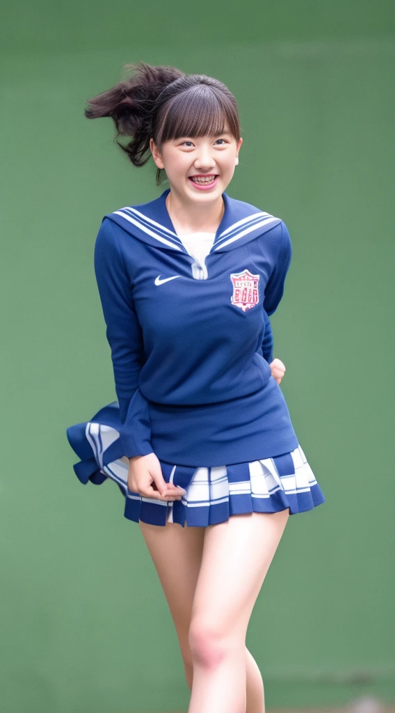 Raise Right Hand, Slender Legs, Ponytail, Extraordinary Beauty, Pretty Face, Best Smile, Cute Smile, Frontal, Slender, Straight Hair, School, ulzzang-6500-v1.1, (Raw Photo: 1.2), (Photorealistic: 1.4), Beautiful Detailed Girl, Very Detailed Eyes and Face, Beautiful Detailed Eyes, Huge File Size, High Resolution, Very Detailed, Best Quality, Masterpiece, ( (Japan girls' high school uniforms)), very detailed, CG, 8k wallpaper, fantastic, fine detail, top quality, highly detailed CG uniforms, light on face, movie lighting, 16 year old girl,