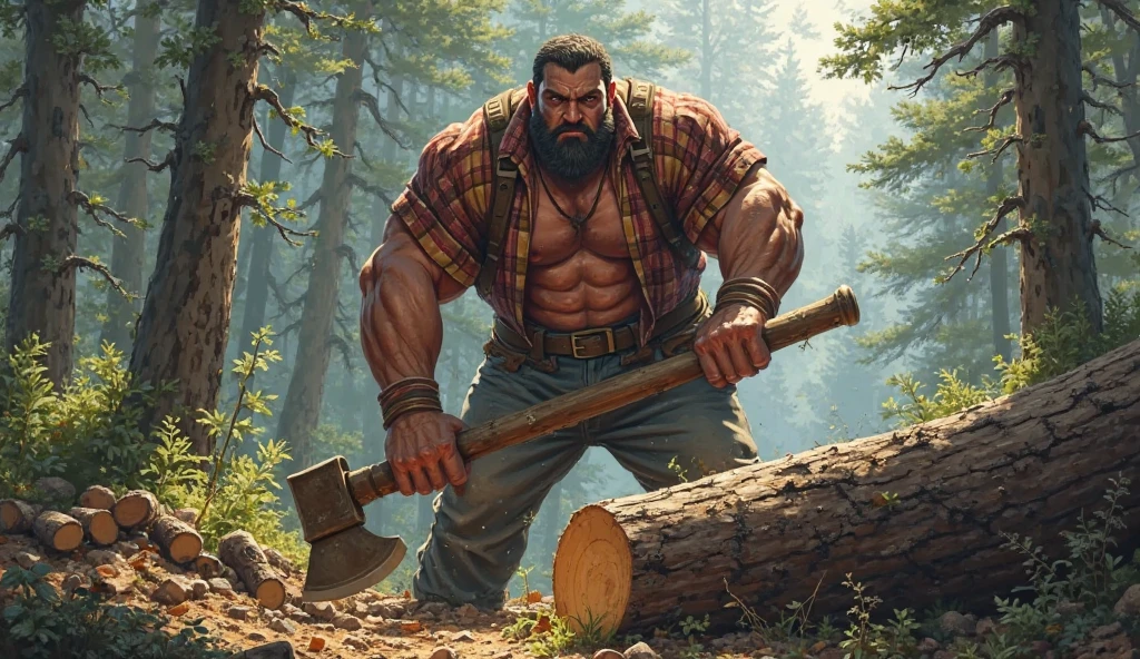 painting of a man with a beard and a beardless shirt holding a large axe, lumberjack, inspired by Joe Jusko, by Tim Hildebrandt, by Joe Jusko, by Johannes Helgeson, with an axe, stefan koidl inspired, inspired by Ryan Barger, inspired by mark keathley, by Ryan Barger, greg hildebrandt highly detailed