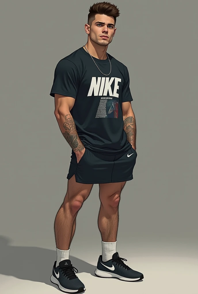 gorgeous man, Gekko, 1boy, solo, male focus, looking at viewer, shirtless, briefs, brown eyes, green hair, tattoos, simple background, kneeling, from above <lora:GekkoValorantV2.0:1>