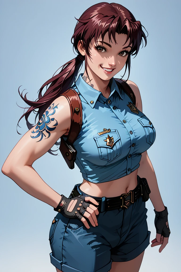 Black hair girl with a ponytail, standing looking at the ground with an air of superiority. muscular girl, naughty smile. thick-thighs. detailded, beautiful face, blue colored eyes. She has a small breasts. cropped jacket, cleavage, Good, gloves, thighhighs, garter straps, boots, denim shorts