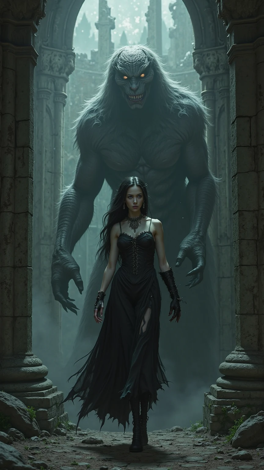 A cover for a novel called Goddess of Darkness -Nothing is what it seems-. That there is a girl in a black dress and a body looking at a boy of fire and in the background of them a figure of a titan like a human but that only its silhouette looks powerful