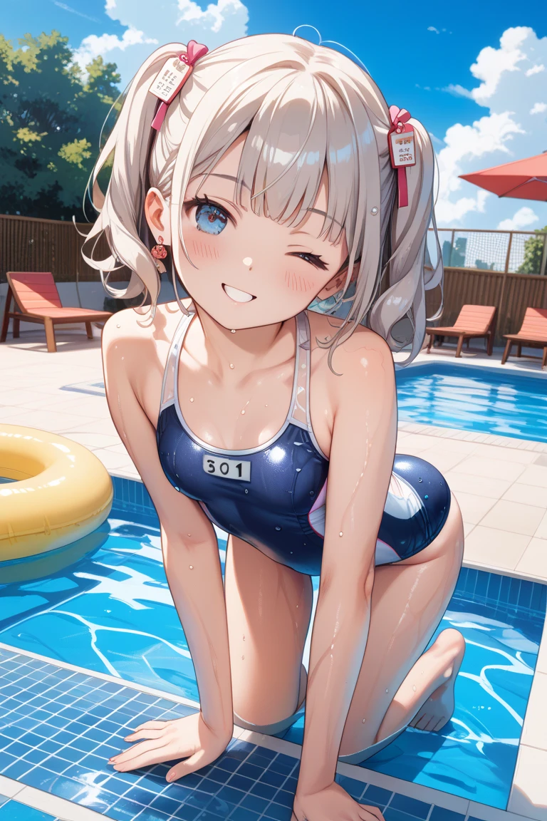 (8k、Best image quality、Highest quality、masterpiece)、Hatsune Miku，Sunburned skin，Brown Skin，3 ，Detailed face、1 Girl、blonde、Red eyes、Sweat，ahegao:1.3，blush、Small breasts、School Swimsuit、Underarm、Cowboy Shot、Get wet、Town，naked，全naked，Lying down，sex，1boy，penis，Excess semen:1.3，bukkake