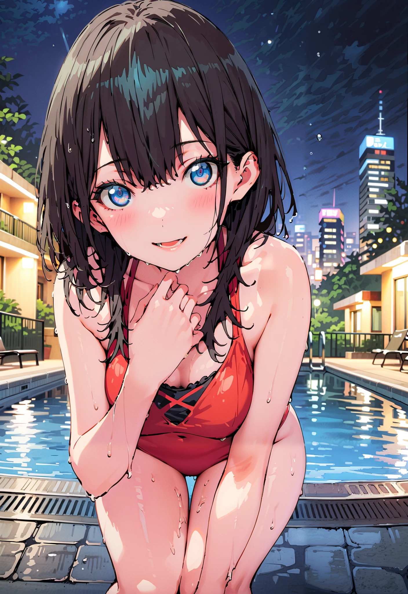 It's because of Rikkata, black hair, blue eyes, long hair, Orange Scrunch , scrunchie , List Scrunch, black footwear, smile,blush,open your mouth,,Red bikini string swimsuit,night,wet hair,wet skin, wet swimsuit ,Bare legs,bare feet,Beautiful cityscape, bet,is standing,full bodyがイラストに入るように, break outdoors, pool,
break looking at viewer,full body,
break (masterpiece:1.2),highest quality , kampala, Unity 8K Wallpaper ,(shape:0.8),( fine, beautiful eyes :1.6),It's a person ,full body写真,CG Details , (perfect hands, complete anatomy),