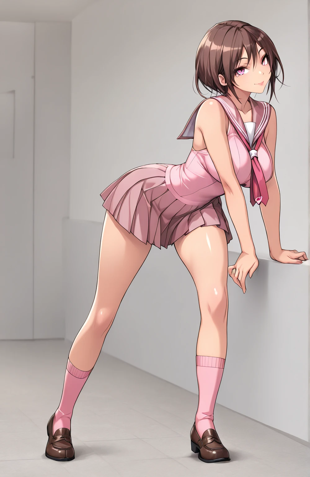 8K, muste piece, Raw photo, best quality, It&#39;s photorealistic, extremely detailed CG unity 8K wallpaper, Depth of bounds written, cinematic light, Lens flare, ray trace, (extremely beautiful face, beautiful lips, beautiful eyes), intricate detail face, ((Super detailed skin)) 1 girl, in the darkness, deep shadow, cute korean girl, Kpop idol, 1 baby girl, (very slim slender fit-muscled body:1.3), ((Looking at Viewer)),(a big smile:1.3), (inside the classroom), beautiful earrings, bracelet, necklace, Panty stocking, make eyes clear, walking , front shot, (pale skin), (big eye ace forward, (full body shot), (brown hair), open navel, (Looking at Viewer:1.3), very slim, medium chest, (camel&#39;s toe), Medium Butt, (hot pink latex color dress), (silk dress), (super mini skirt)、thighs、(big breasts)、short hair、