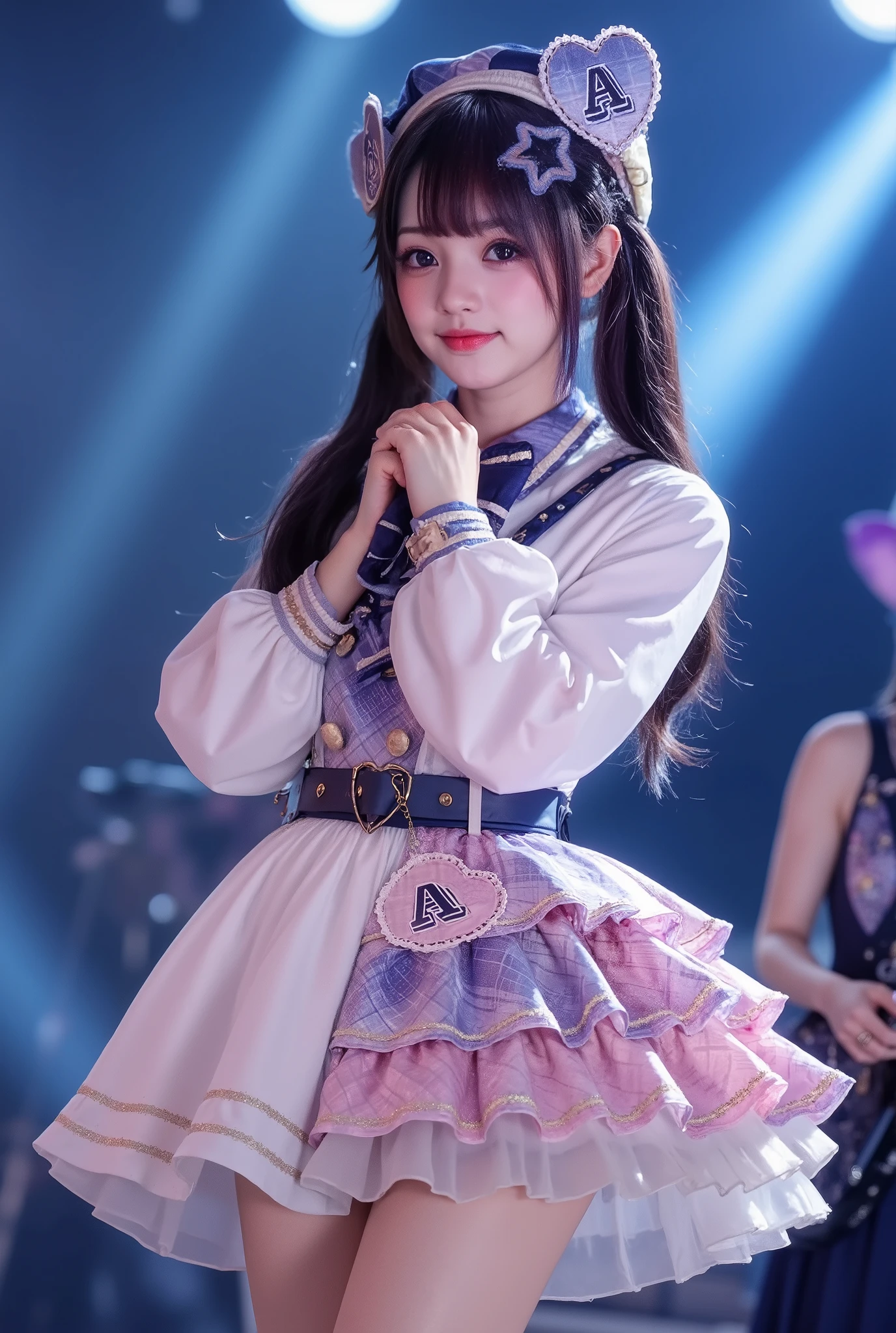 (extremely detailed, score_9, score_8_up, score_7_up, very detailed, detailed, sharp focus, 8K UHD), Realistic full-body photo of a ite and very young Japanese woman, (((full costume visible, slender legs visible))), big smile, detailed facial depiction, detailed eye depiction, big eyes with double eyelids, thick lips, black hair, black pupils, idol singer wearing ruffled stage costume singing on stage with microphone in hand, backing band behind her, vivid and colorful effective lighting, very fantastical, depth of field photo, trimmed pigtails, looking at the viewer.