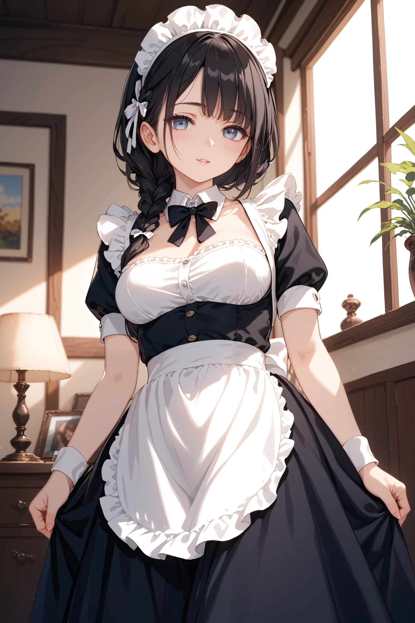 best quality, highres,1 woman,Slender、small face、brown eyes、(tall:1.3)、black hair BREAK、long hair、standing position、(black maid outfit:1.3 BREAK)、off-the-shoulder top、showing panties,pink lace panties、Braid、(22 years old:1.3)

