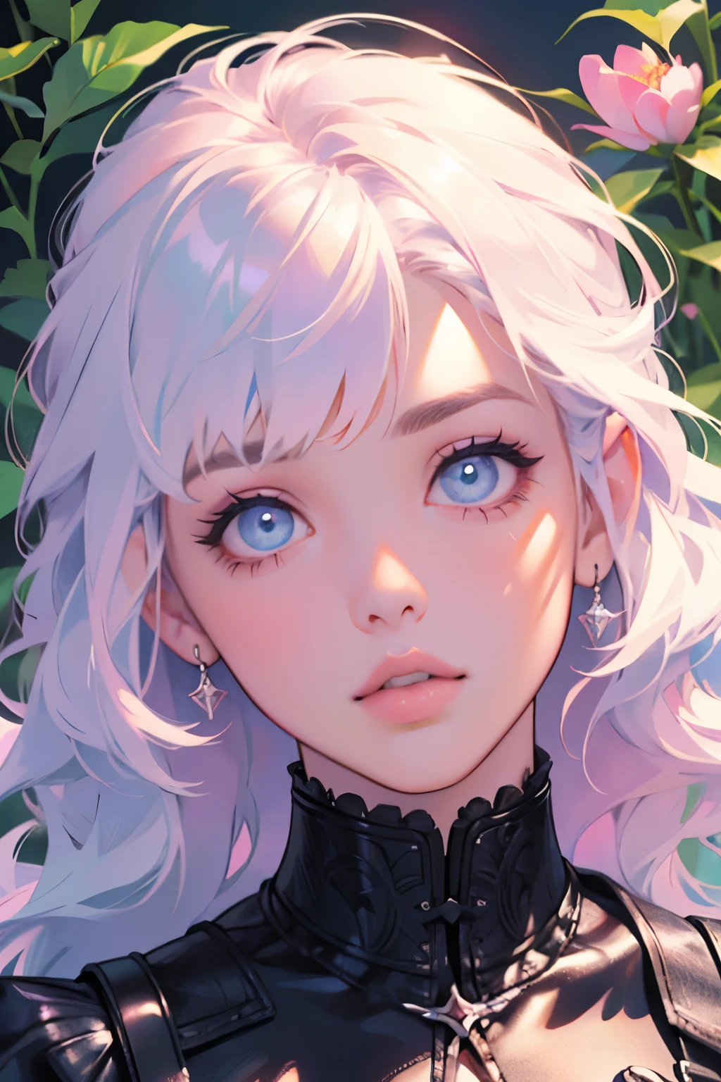 {-erro_de_anatomia:1.0} masterpiece, highest quality, (perfect face:1.1, (high detail)1.1, sweet stardust vampire , long soft white hair, opal eyes, perfectly drawn face, black dress, white background, prismatic lighting, glitter, whole body,