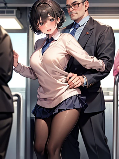 train、A man molesting a high school student、The bra is visible、troubled face、humida 、hands on skirt