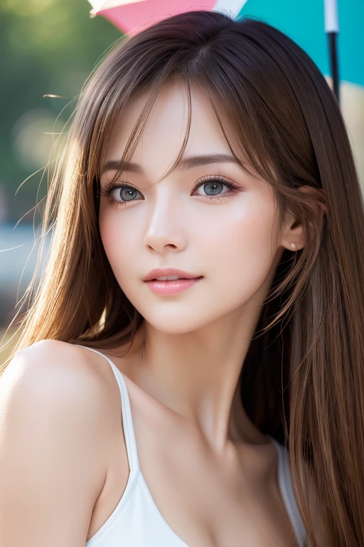 Realistic:1.2,(Masterpiece,highest quality),8k,((One Woman)),20-year-old,Tight waist,Big Hips,Perfect Anatomy, Brown Hair, Wavy Hair,Random Hairstyles,Big beautiful breasts,((Highly detailed face and eyes))(Cute Face:1.4),Beautiful actress face,Perfect golden ratio face,Random sexy poses,smile、Women's Suitini skirt、garter belt、I can see up to my waist