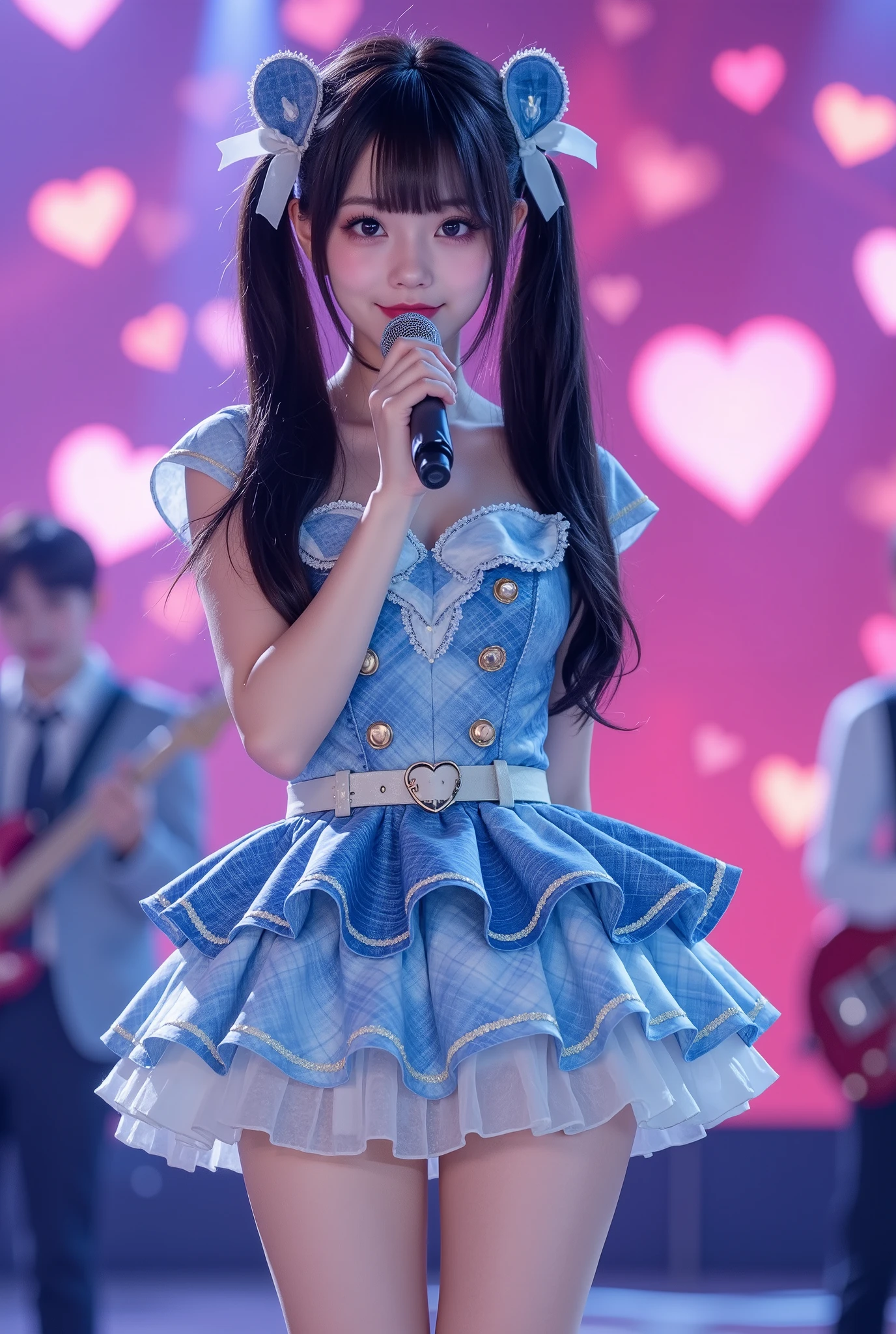 (extremely detailed, score_9, score_8_up, score_7_up, very detailed, detailed, sharp focus, 8K UHD), Realistic full-body photo of a ite and very young Japanese woman, ((full outfit visible, slender legs visible))), big smile, detailed facial features, detailed eye expression, big eyes with double eyelids, thick lips, black hair, black student, idol singer wearing ruffled blue-based stage outfit singing on stage with microphone in hand, (((holding microphone in left hand))), backing band behind her, vivid and colorful lighting, adorable stage dotted with hearts, very fantastical, depth of field photo, neatly trimmed pigtails, looking at the viewer.