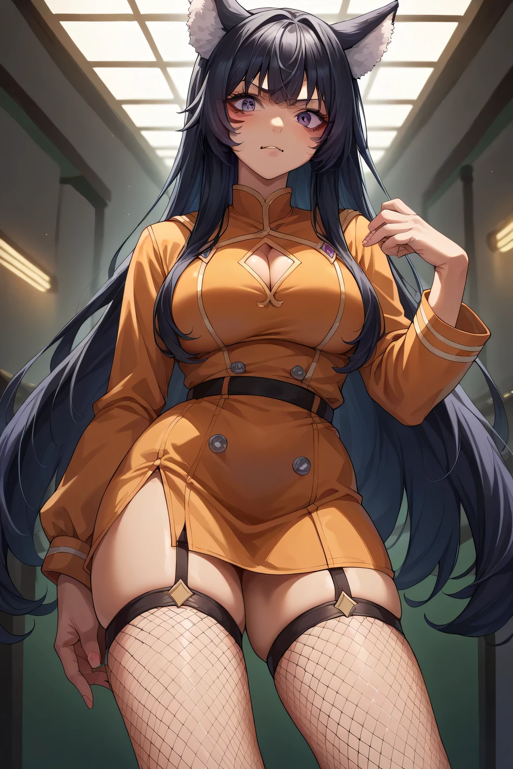 (high quality,Very detailed:1.37, High resolution), 1girl, Woman, (solo:1.5), (mature:2.0), (Sakaki Yumiko:2.0), Grisaia, very long hair, dark purple hair, purple eyes, large breasts, military uniform, pants, (wetting herself:1.5), standing, (arms crossed:1.5), (embarrassed:1.5), (humiliation:1.5), (constricted pupils:1.5), (sweating:1.5), shaking, (trembling:1.5), (blushing:1.5), Meticulous details, (extremely detailed eys:1.37), space station, interior, science fiction, futuristic