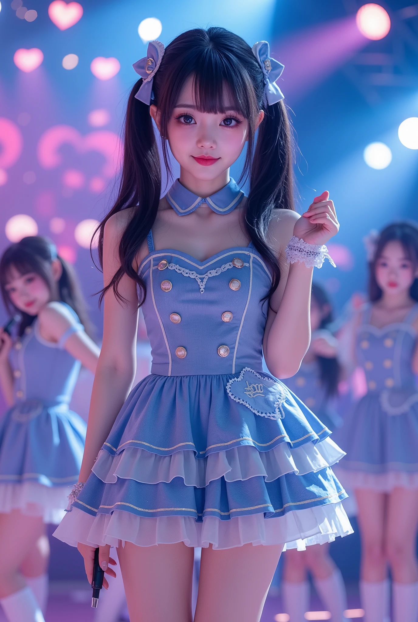 (extremely detailed, score_9, score_8_up, score_7_up, very detailed, detailed, sharp focus, 8K UHD), Realistic full-body photo of a ite and very young Japanese woman, ((full outfit visible, slender legs visible))), big smile, detailed facial expression, detailed eye expression, big eyes with double eyelids, thick lips, black hair, black student, idol singer wearing ruffled blue-based stage outfit singing on stage with microphone in hand, (((holding hand microphone in right hand))), members of idol group behind her, vivid and colorful lighting, adorable stage dotted with hearts, very fantastical, depth of field photo, neatly trimmed pigtails, looking at the viewer.