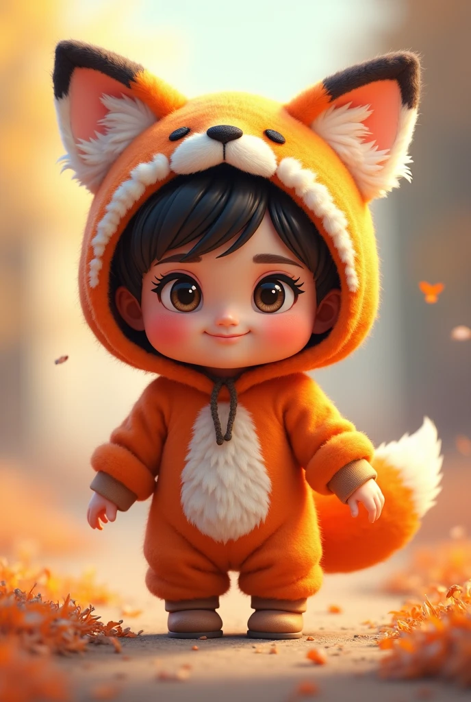 4K HD quality，funny scene details，A cute chubby little baby，Double bun and bangs，largeeyes，Wear a foxy hood，Very happy，grassland