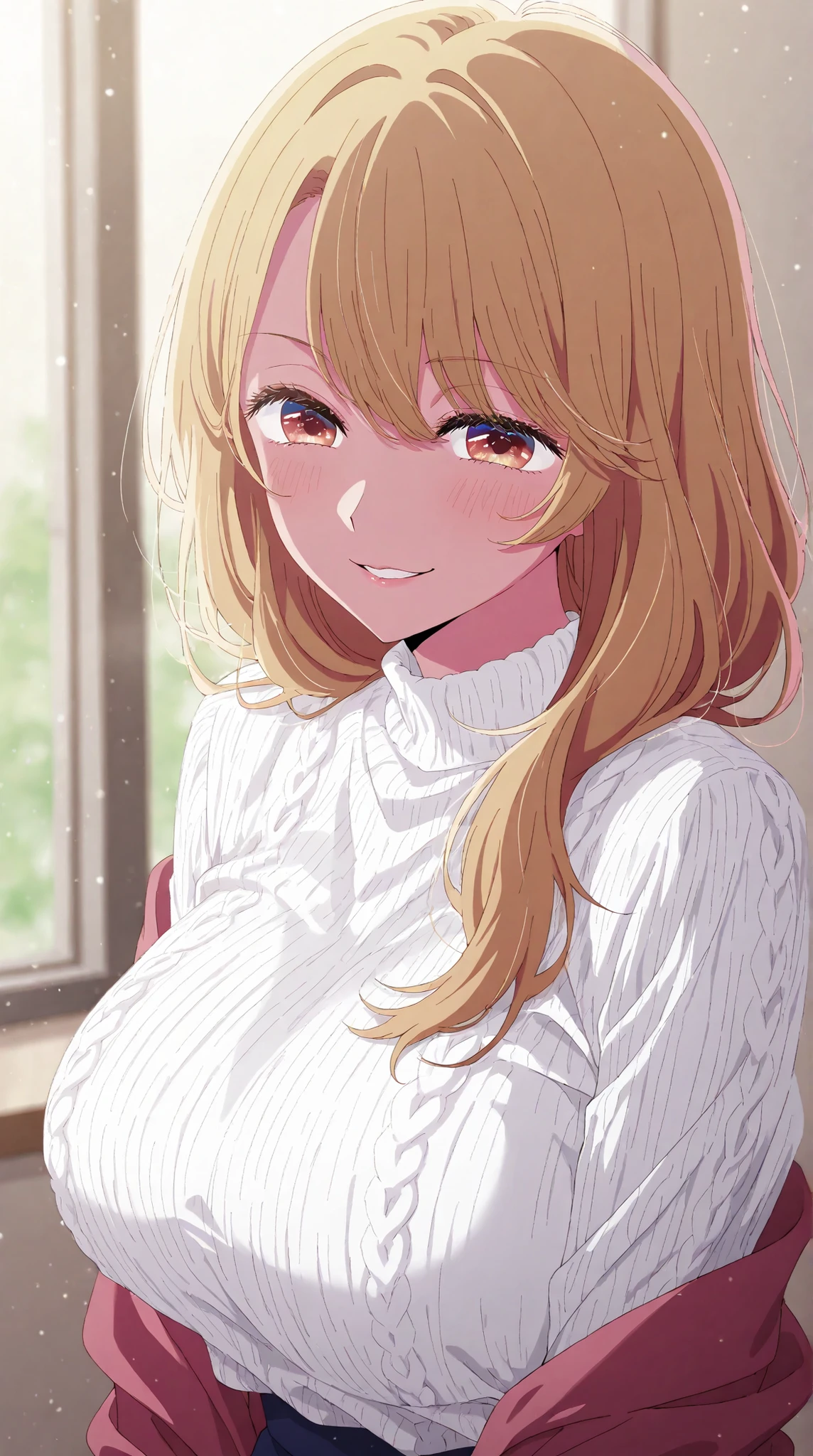 {saitou miyako} ,{oshi no ko},Detailed particles, depth_of_field, high resolution, high quality, ,uniform, sexy,, high quality, high resolution olution, detailed image, beautiful girl, beautiful to the eye, ，big breast，,50_years_old,adult woman,，brown eyes，knit  Shoulderless，Seductive smile