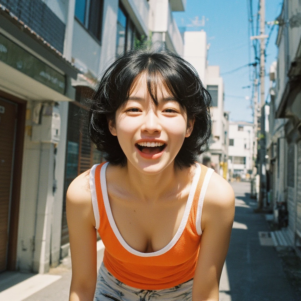 1girl in(Laughing)、exaggerated pose、Reaching the climax:1.３, short-cut、masutepiece、Bottoms are randomly generated、（ Tomato Illustration Printed Shirt ）、dark brown hair、GI Cut、Background bokeh:1.5