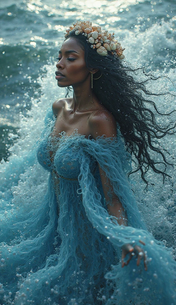 1 Beautiful biracial woman blue hair, blue eyes, large breast, on an iceberg, black and cyan dress, photoshoot, extremely detailed full body, 
