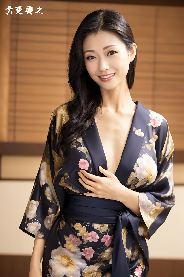 Japanese girl looking at the viewer, posing with a smile (highest quality, masterpiece))), wearing Navy Yukata、High resolution, very detailed, masterpiece, cinematic lighting, (8K, highest quality, masterpiece: 1.2), (realistic, photorealistic: 1.37) high resolution, Super detailed, 1 girl, ASİAN, cute, cute face, alone, short hair 1.2, rough skin, beautiful smile, beautiful detailed sky, Details cafe, night, movie lighting, Depth of the bounds written, lens flare light, On a date, (blush), (smile: 1 ),(closed your mouth), Beautiful eyes in every detail, (long hair: 1.2 floating hair nova frog style,Spectacular fireworks bursting into the night sky