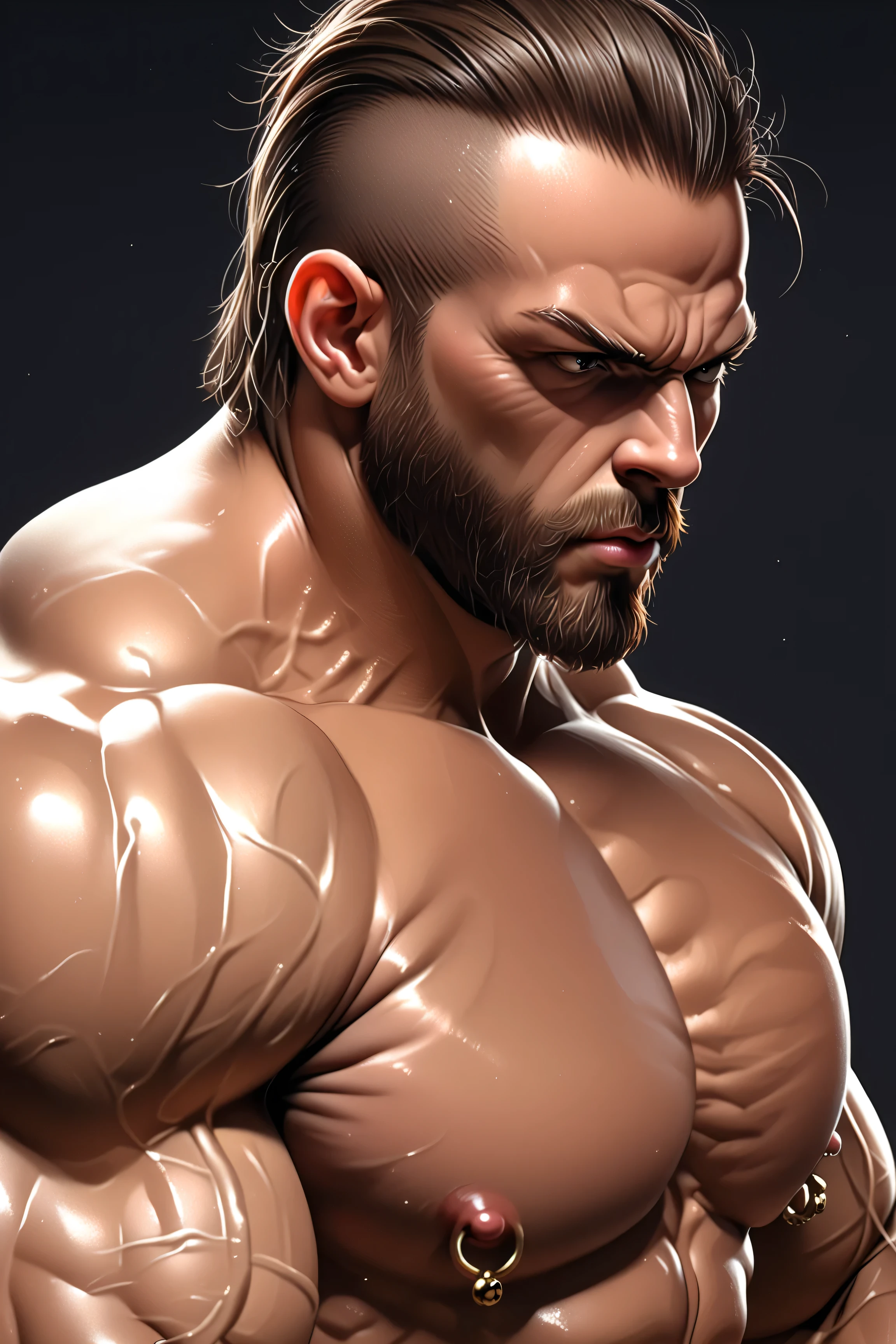 High Quality, Details, (solo dark brown skin Japanese hunk), beard, topless, (strong muscle:1.3), (Details black eyes), (black short hair), dark brown skin face, detailed puffy nipple, nipple ring, looking for viewer, uncensored,