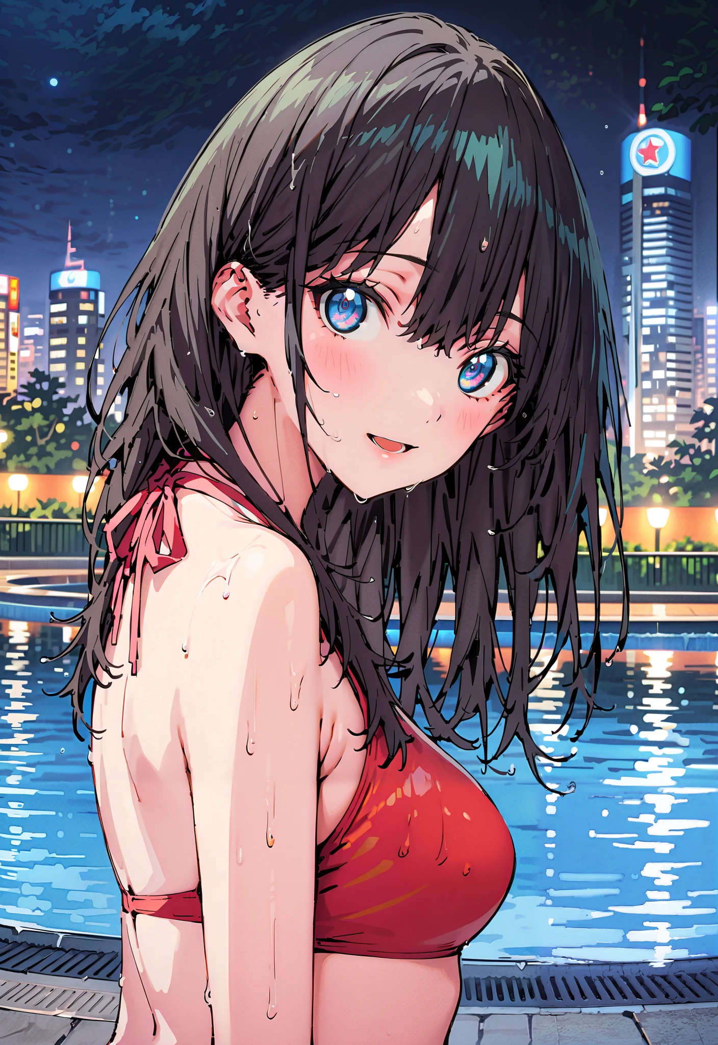 It's because of Rikkata, black hair, blue eyes, long hair, Orange Scrunch , scrunchie , List Scrunch, black footwear, smile,blush,open your mouth,,Red bikini string swimsuit,night,wet hair,wet skin, wet swimsuit ,Bare legs,bare feet,Beautiful cityscape, bet,is standing,full bodyがイラストに入るように, break outdoors, pool,
break looking at viewer,full body,
break (masterpiece:1.2),highest quality , kampala, Unity 8K Wallpaper ,(shape:0.8),( fine, beautiful eyes :1.6),It's a person ,full body写真,CG Details , (perfect hands, complete anatomy),