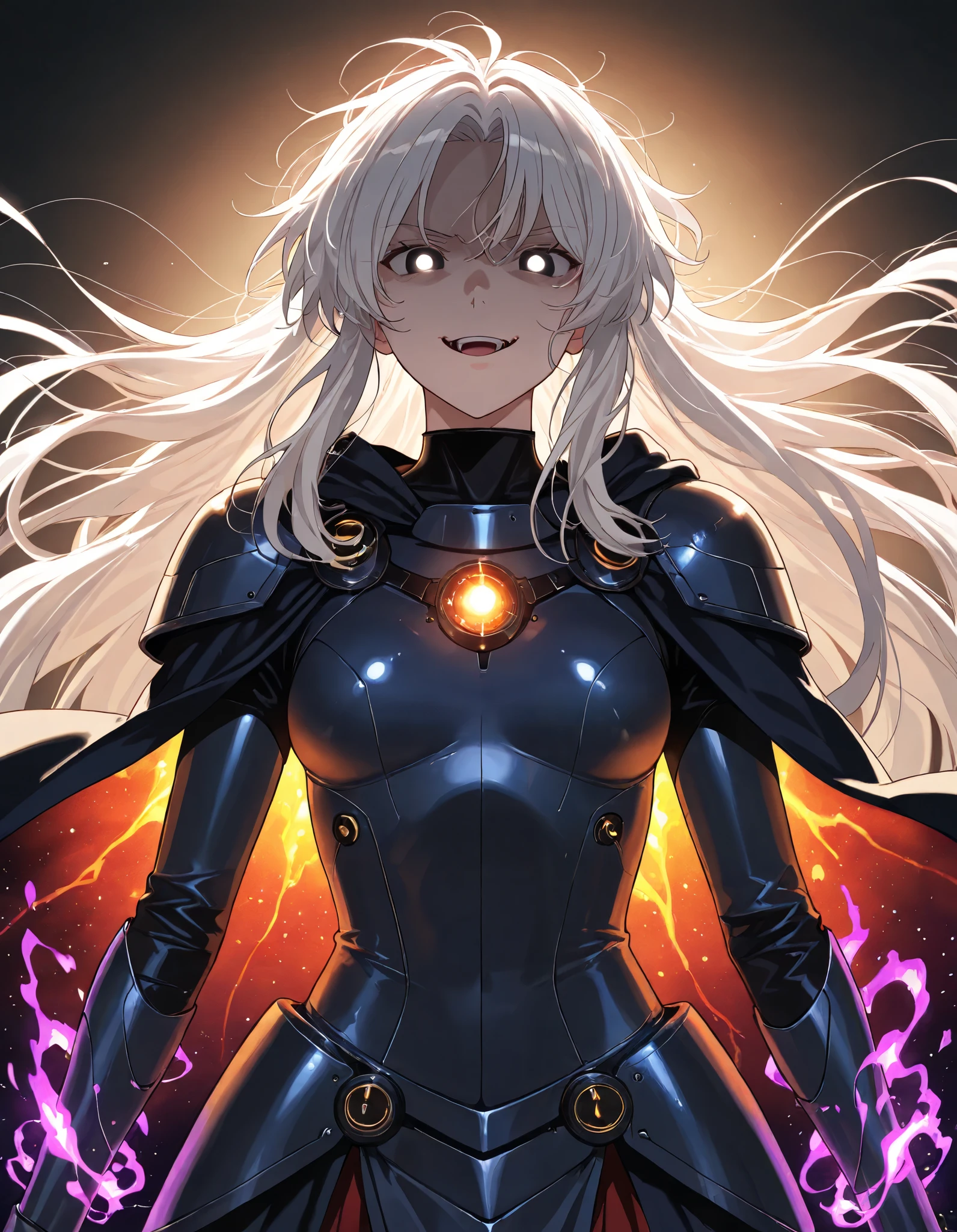 (upper body shot, solo:1.1), glowing aura, glowing body, photorealistic background and lighting, 4k, ultra detailed, extremely detailed, detailed background, webtoon, Anime illustration, detailed anime artstyle, cinematic, volumetric lighting, aurora warm light, colorful, light reflection, (dynamic pose, 1girl:1.58), happy expression, cocky, open mouth, black eyes, white hair, very long hair, fluffy hair, messy hair, (battle skirt, mage skirt, cosmic aura:1.2), small breasts, deity, mana sphere, black magic, peplos, ancient greek clothes, glowing eyes, high tech combat suit, high tech armor, glowing eyes, snarling, glaring at viewer, sadistic smirk, narrow eyes, (cosmic cape, astral cape, capelet:1.33)