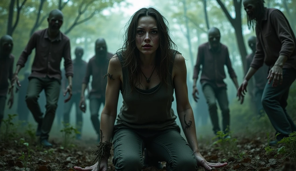 cinematic lighting, shallow depth of field, intense gritty, a woman wearing worn leather jacket, dark t shirt, denim pants, holding a barbed wire baseball bat, lowering her body in defensive stance, she is surrounded by five zombies inside a forest.
