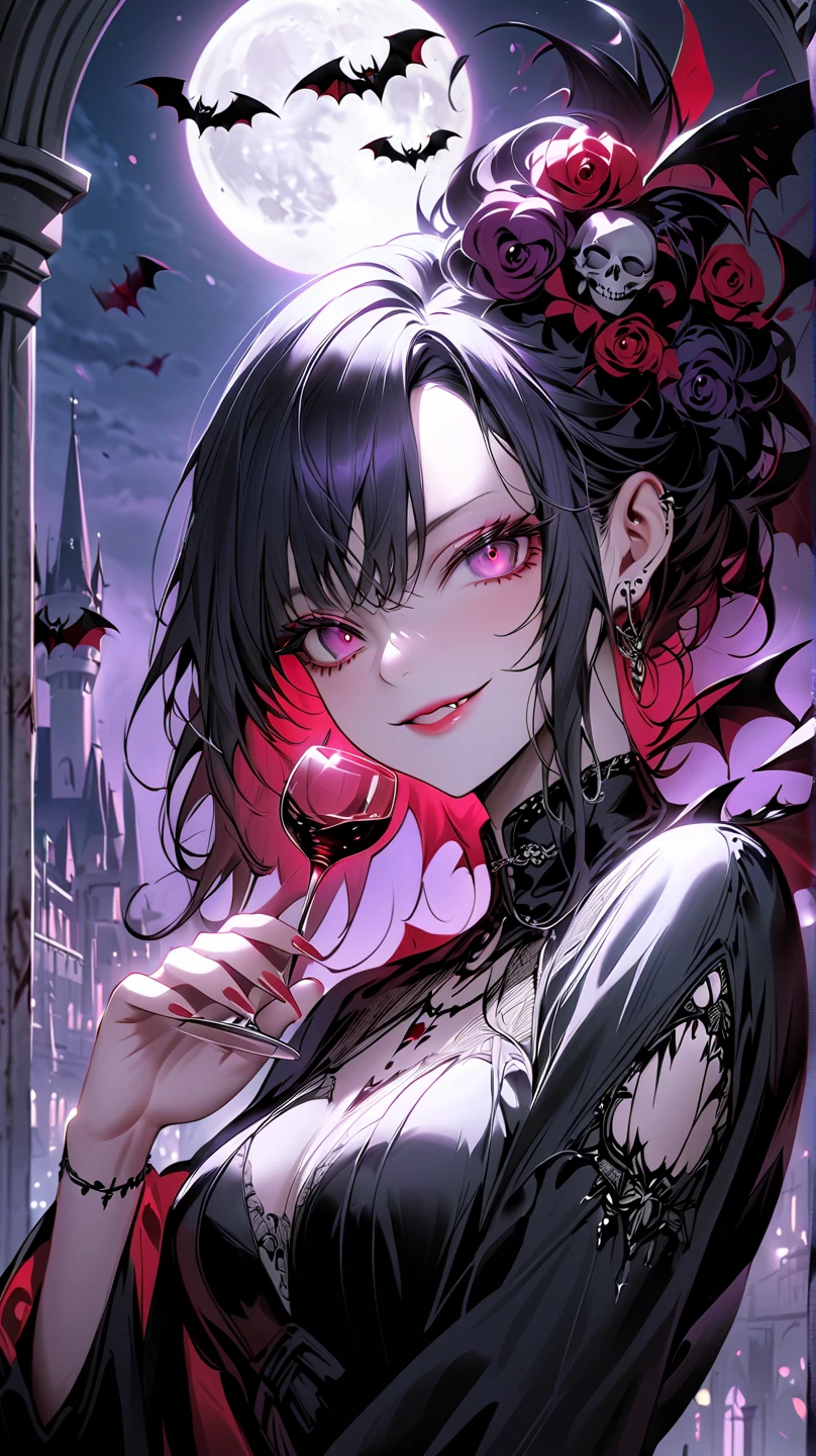 solo, female, deep crimson eyes, eyes with flecks of gold, wavy hair, thick hair, long flowing black hair, vampire, slender, curvy, elegant, refined grace, medium shot, pose, hungry smile, night, town, dress, fangs