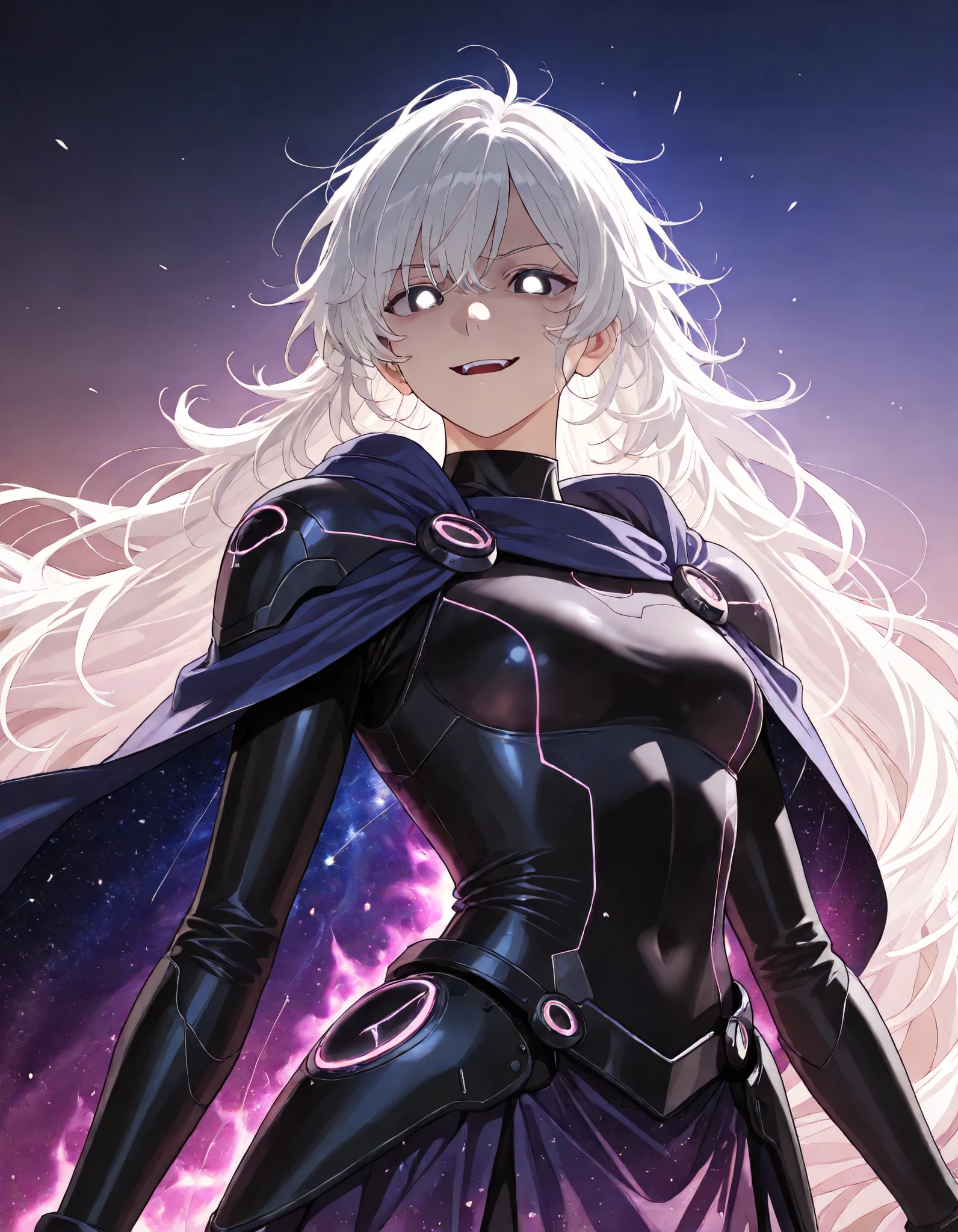 (upper body shot, solo:1.1), glowing aura, glowing body, photorealistic background and lighting, 4k, ultra detailed, extremely detailed, detailed background, webtoon, cinematic shot, dramatic shot, Anime illustration, detailed anime artstyle, cinematic, volumetric lighting, aurora warm light, colorful, light reflection, (dynamic pose, 1girl:1.58), happy expression, cocky, open mouth, black eyes, white hair, very long hair, fluffy hair, messy hair, (battle skirt, mage skirt, cosmic aura:1.2), small breasts, deity, mana sphere, black magic, peplos, ancient greek clothes, glowing eyes, high tech combat suit, high tech armor, glowing eyes, snarling, glaring at viewer, sadistic smirk, narrow eyes, (cosmic cape, astral cape, capelet:1.33)