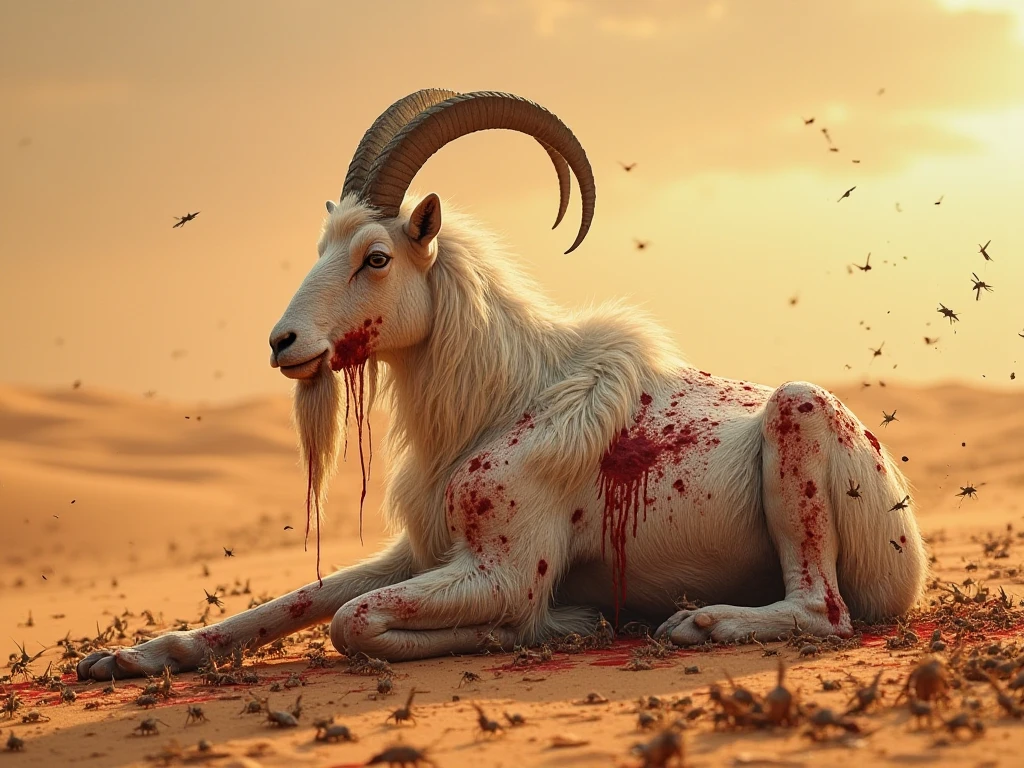 Goat with dead falcon with blood