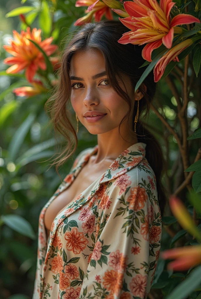 A Brazilian woman in a lush tropical garden, wearing an open shirt with a floral print, with a close-up capturing the harmonious beauty between her breasts and the natural flowers, showing off your natural charm and outgoing personality.