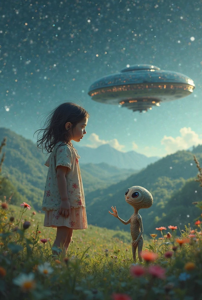 A girl is looking up the sky with a ufo in the sky.