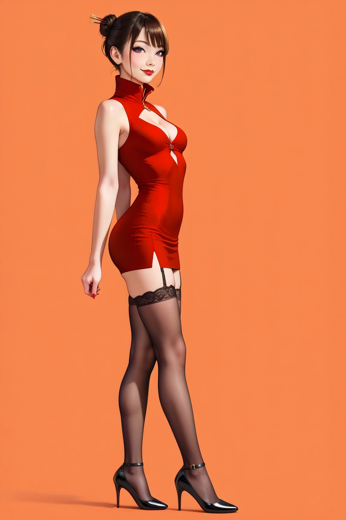 (RAW shooting, Photoreal:1.5, 8k, highest quality, masterpiece, ultra high resolution), perfect dynamic composition:1.2, Highly detailed skin and facial textures:1.2, 1girl:1, asian girl:1, fighting stance:1.4, beautiful and aesthetic:1.2, sexy beauty, perfect style, belief, Strong-willed, revenge, Fair skin, very beautiful face, (large breast, Chest gap), (wearing a sexy bodysuit:1.2), (beautiful eyes, Eyes that feel beautiful eros:1.0), (Too erotic:0.9, Bewitching:0.9), (full body photo:1.4), (perfect limbs:1.2), (perfect fingers:1.2),(yaku, 1girl, hair bow, red japanese clothes, sleeveless, sash, bandaged arm, black thighhighs),(simple background:1),(knees together),(standing:1.4),