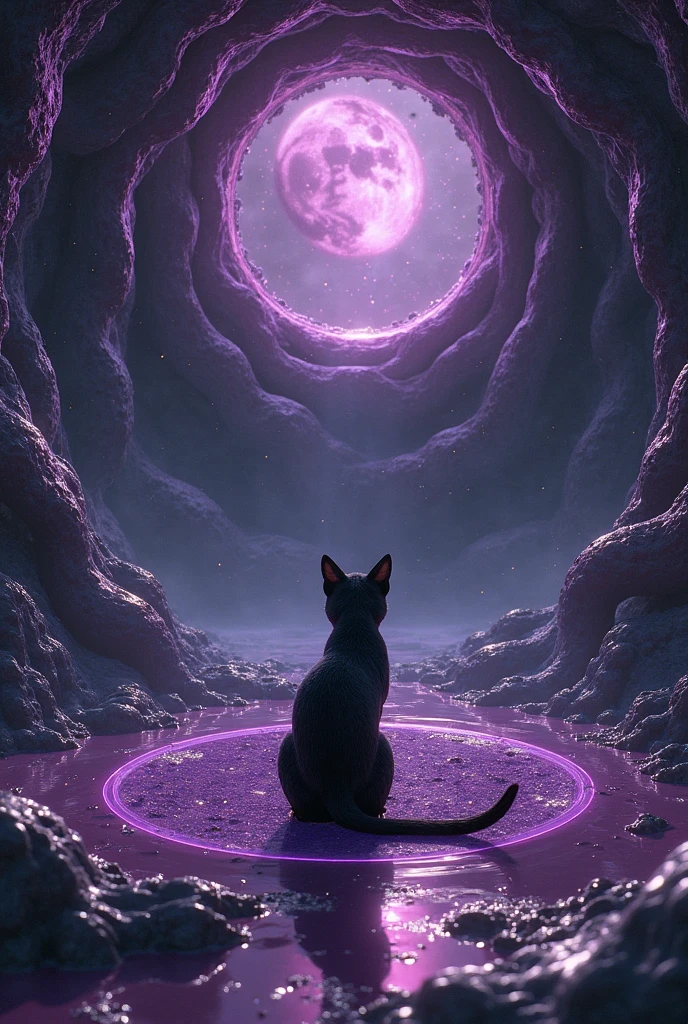 A black cat sitting in lotus position, meditating while floating in space. Surrounded by bright stars and colorful galaxies. The cat has glowing eyes and a faint golden aura around its body. The background features purple and blue nebulae, with a large planet visible in the distance. The image has a mysterious and serene atmosphere.