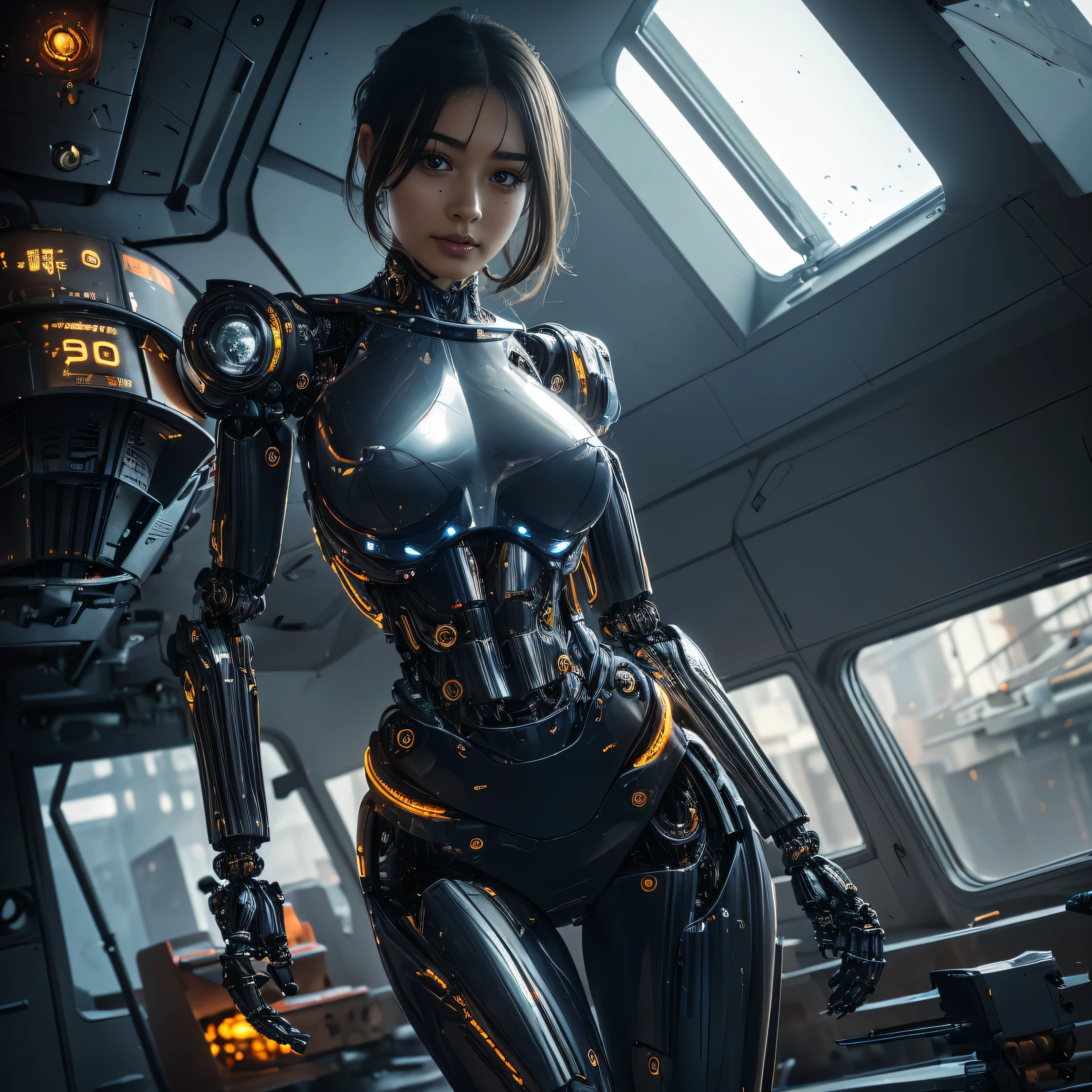 intelligent bionic robot, 2 women’s heads, woman, cyborg robot parts, microchip, Bright studio, hyperrealism, high detail on the face, delicate details, soft writing, rimlight, Rendered by Octane, Unreal Engine 5 rendering, Mechanical Public Enemy Style, 16k, best image quality, TESTIFIES, white balance on the lunar surface, High key lighting, for a soft and graceful atmosphere, Ultra A High Resolution, Big Breasts Machine, cyberpunk, ((((flying)))), In production, Battle Angel Alita, ((((big smile)))), ((((wide thigh opening with both thin long legs)))), ((((Head of a age kawaii Japanese idol)))), ((((short pixie cut)))), ((((A cyborg with a humanoid precise mechanical robotic pure ultimate pure gold metal most one and only muscular skinny tight body from the neck down)))), (huge metal breast), ((((extremely thinnest mechanical waist)))), ((((precise mechanical robotic arms and hands and super long neck)))), ((((pure gold hair)))), ((((vigorous)))), ((((boyishly)))), ((((full body)))), ((((Ultra hires)))), ((((master piece)))), ((((best quality)))), ((((detailed)))), ((((photo realistic)))), ((((There are several holes in the fuselage that were drilled by gun fire))))
