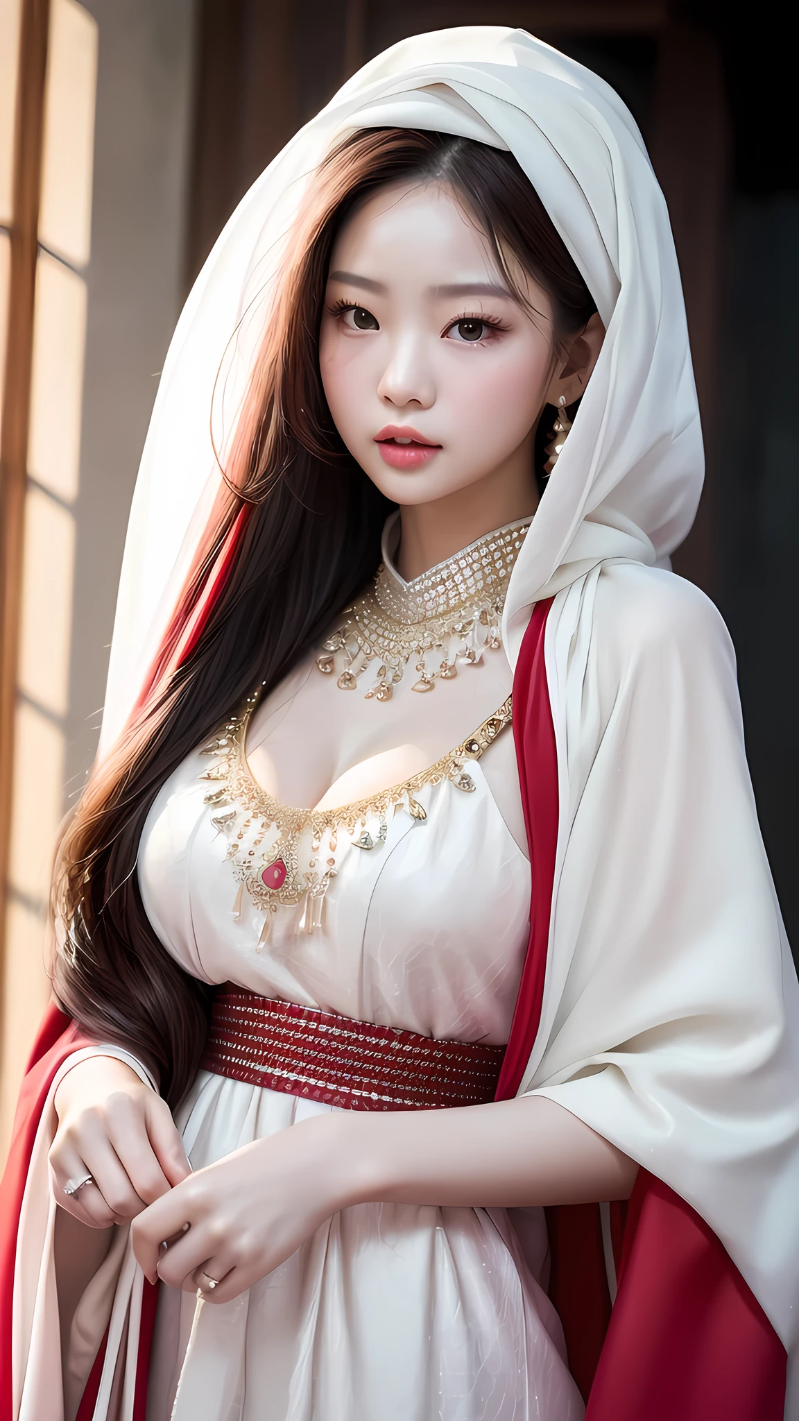 hyper white skin lady, (editorial photograph of a lady like jennie kim face), natural pink lips, (highly detailed face:1.4) (smile:0.7) (hyper bright white skin)(beautiful gantic H CUP breasts size), brown hair color, (happy), (wearing elegant shiny dark red kaftan with dark red hijab set) , (nikon d850, film stock photograph ,4 kodak portrait 400 ,camera f1.6 lens ,hyper realistic ,lifelike texture, dramatic super bright lighting 
