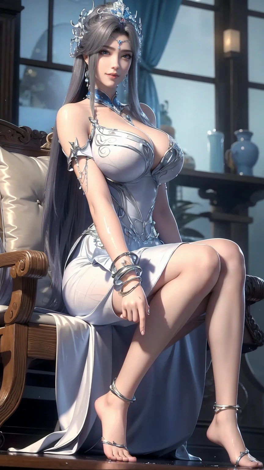 ((masterpiece)),(best quality), ((extremely detailed CG unity 4k wallpaper)),(cinematic lighting), (an extremely shy and beautiful evil girl:1.3),face, fixed eye, closed mouth, hand fixed (++silver hair++), pink eyes, long hair, jewelry,earrings, :d, maid, labrynth,
Large breast ,(garden full of roses), horn ,outdoor, waterfall ,view from side, hand over lab,  sitting on throne , crossed leg in detailed, all body  , leg fixed, expensive white heels ,shenhedef, shenhernd
